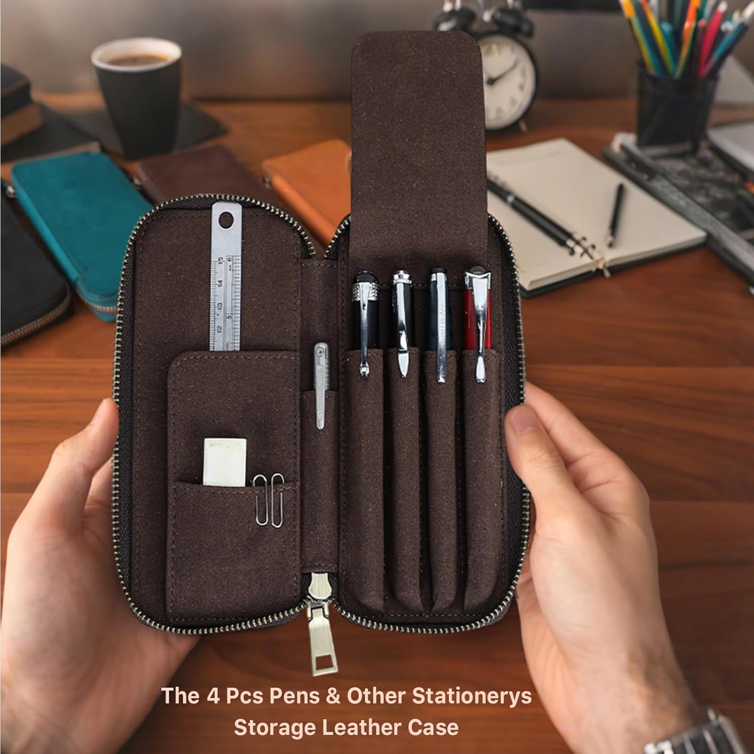 CONTACTS Full Grain Crazy Horse Leather Pencil Case Handmade Vintage Zipper Pen Holder Pouch with Card Slot Pens Organizer Pockets Stationery Bag for Men