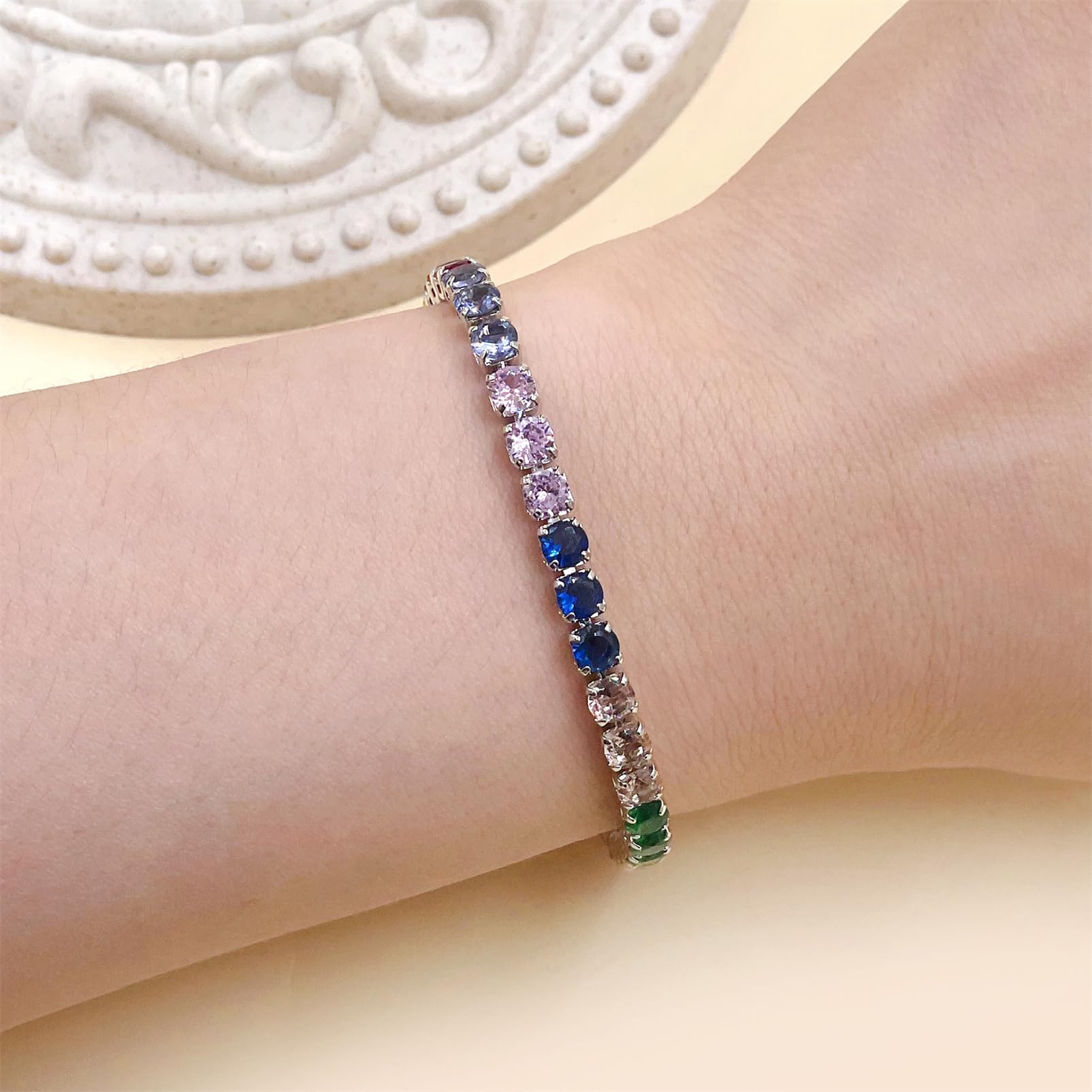 Oneress Classic Platinum Tennis Bracelet Jewelry with Mosaic Colorful Zircon, Women's Sports Charm Bracelets, Gift for Valentine's Day Birthday Christmas?multi-17CM?