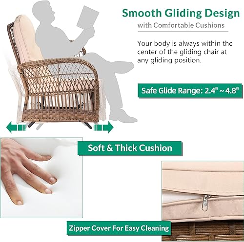 Miniatura 2 de VIVIJASON Silla mecedora de mimbre para exteriores, 2 piezas, sillas mecedoras de ratán para patio con cojines y marco de acero, muebles de mimbre