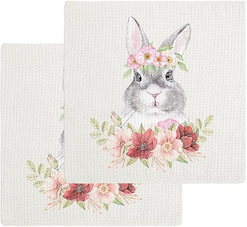 Artwork Store 2 Packs Kitchen Towel Cotton Waffle Weave, Easter Bunny Flowers Spring Absorbent Quick Drying Dish Cloths for Kitchen Living Room