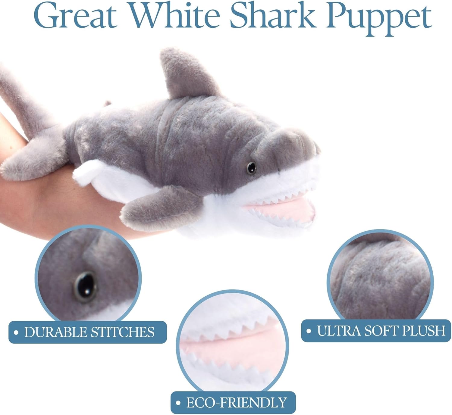 The Petting Zoo Great White Shark Hand Puppet Stuffed Animal Plushie, Gifts for Kids, Puppetz Animals, Shark Interactive Puppets Plush Toy 19 Inches