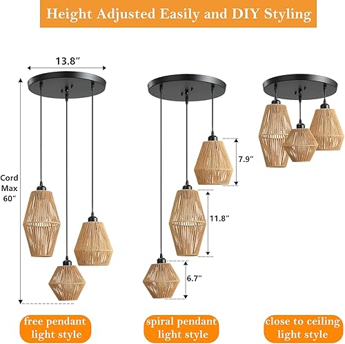 Miniatura 3 de Lámpara colgante de ratán de 3 luces, candelabro bohemio tejido a mano, lámpara colgante de mimbre, lámpara de cocina y comedor sobre mesa, luz