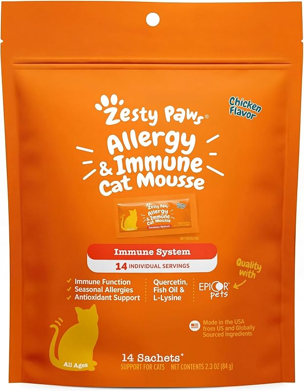 Zesty Paws Cat Allergy Relief for Cats - L-Lysine Mousse, Chicken, 14 Ct