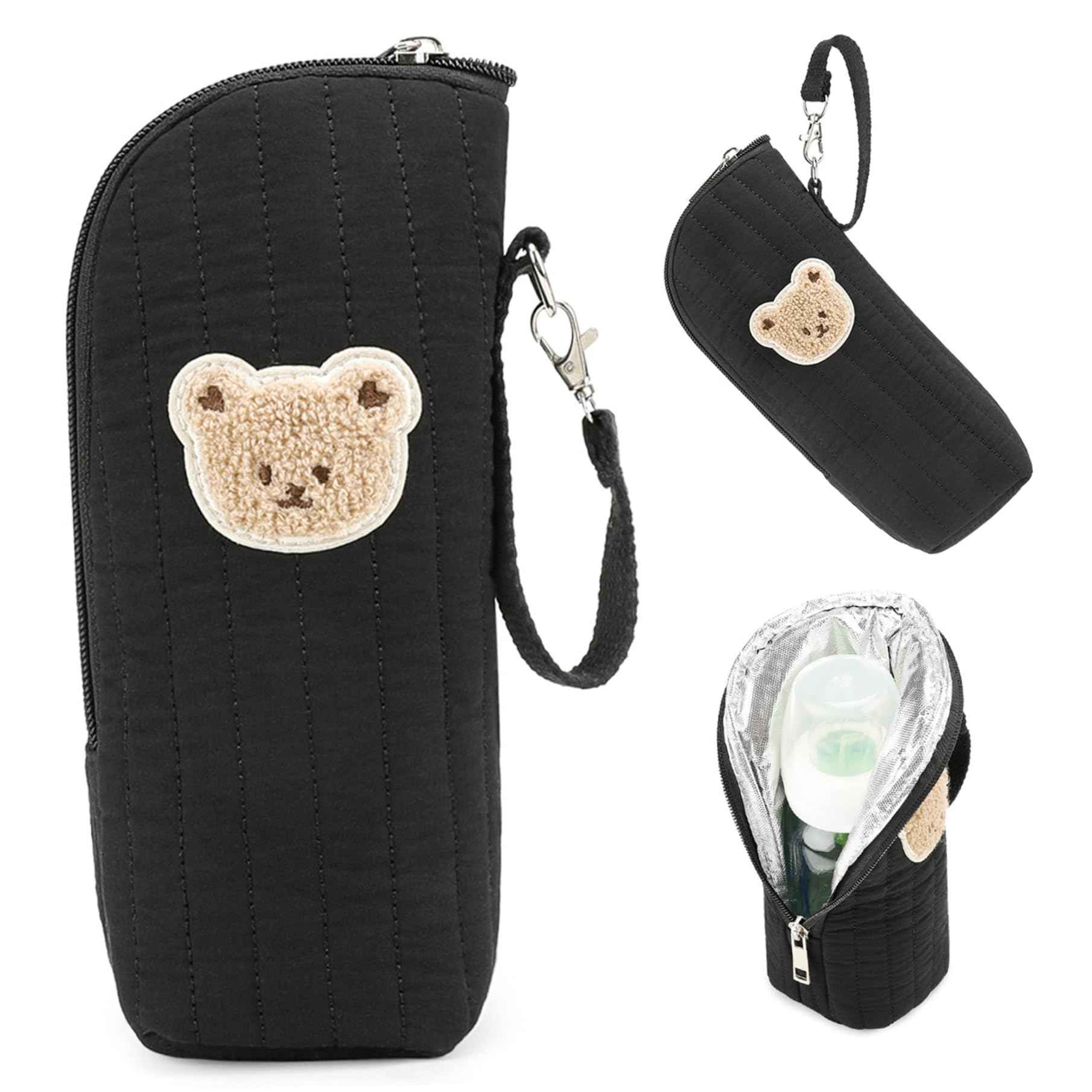 Insulated Baby Bottle Bag with Adorable Bear Embroidery - Breastmilk Cooler Travel Bag for On-the-Go, Portable Bottle Carrier with Handle for Stroller Black Insulated Baby