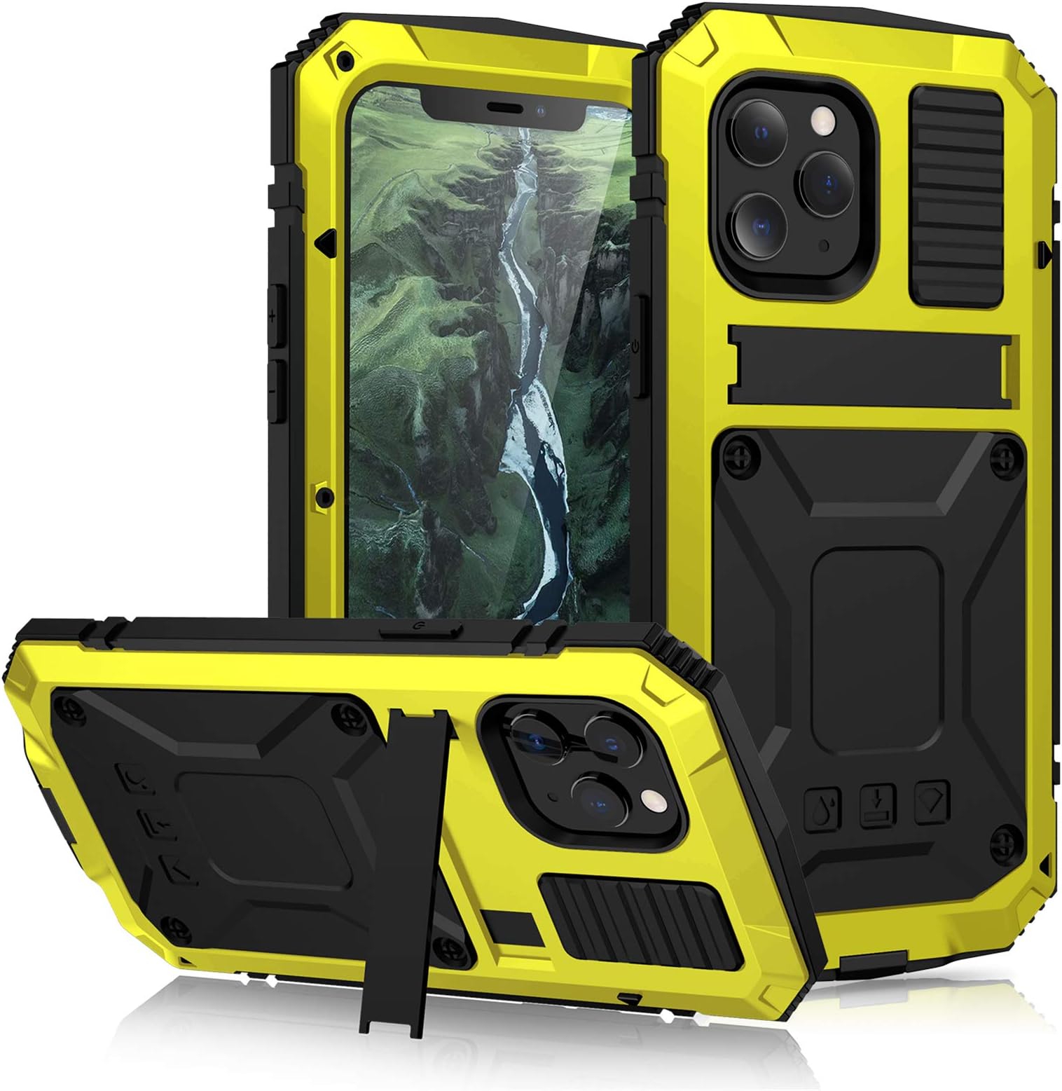 CHENXICHENXI Compatible for iPhone 12 Pro Max Case, Aluminum Metal Gorilla Glass Waterproof Shockproof Military Heavy Duty Sturdy Protector Cover Hard Case for iPhone 12 Pro Max (Yellow)