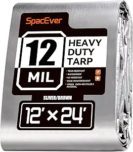 Tarp Heavy Duty 12x24 FT, 12 Mil Thick Large Tarps Water-Proof with Grommets, UV& Tear Resistant, Plastic Cover for Pool Roof Tent Outdoor Firewood, Silver& Brown