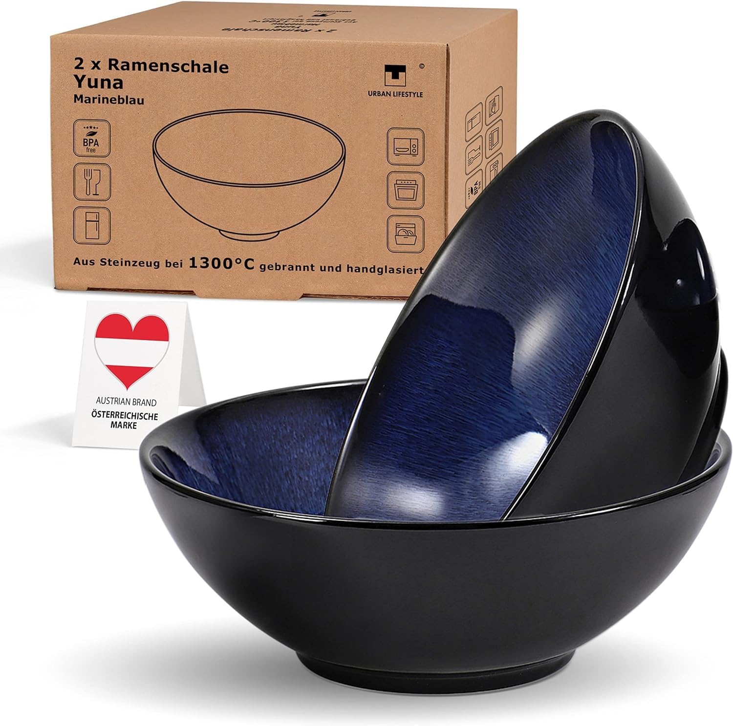 Ramen Ciotola in ceramica, 20 cm, blu, 1000 ml, ciotola per insalata, zuppa, ciotola per pasta, ciotola per cereali, zuppa Pho