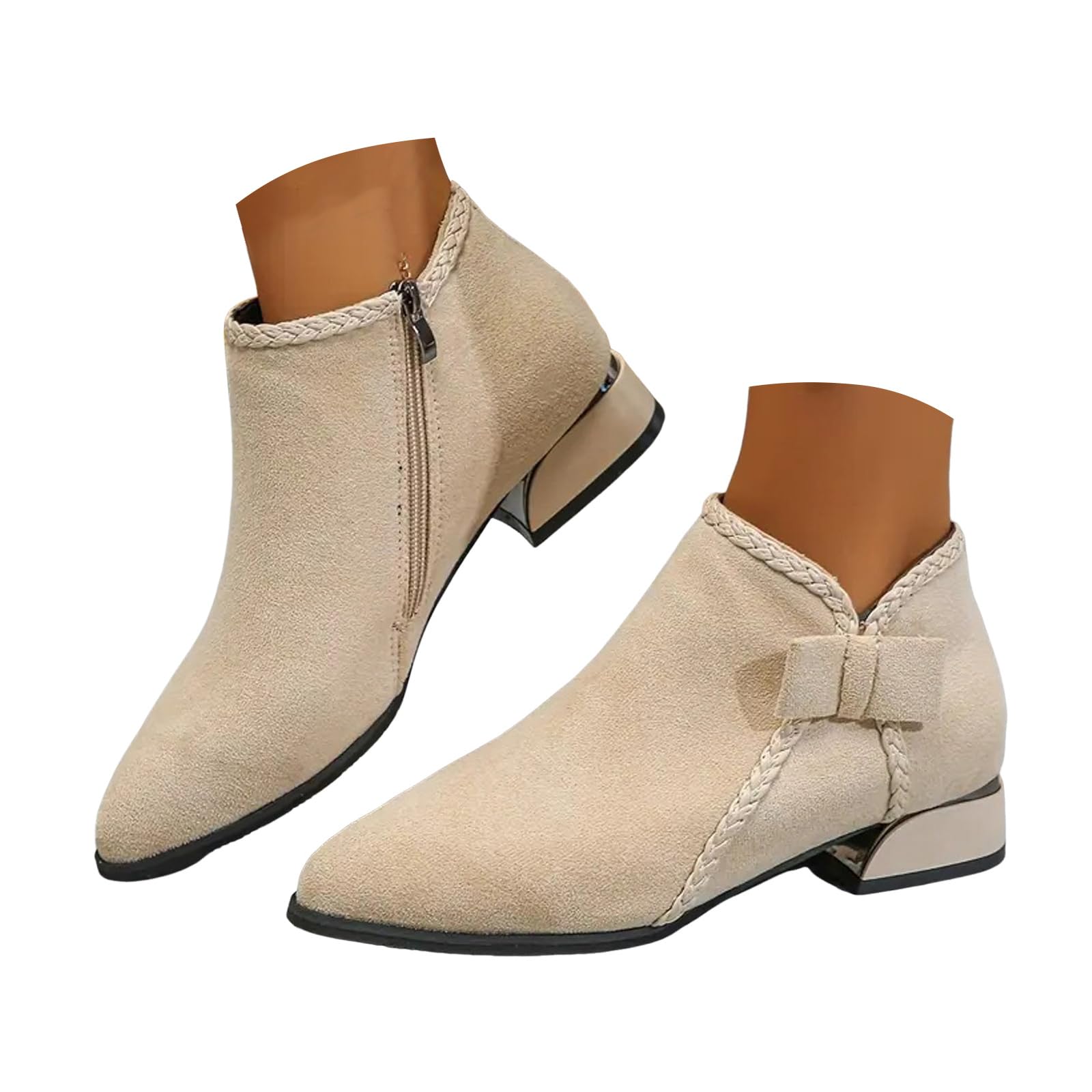 ZSpzx Womens Suede Ankle Boots Vintage Bow Side Zipper Almond Toe Chunky Block Heels Solid Color Short Booties