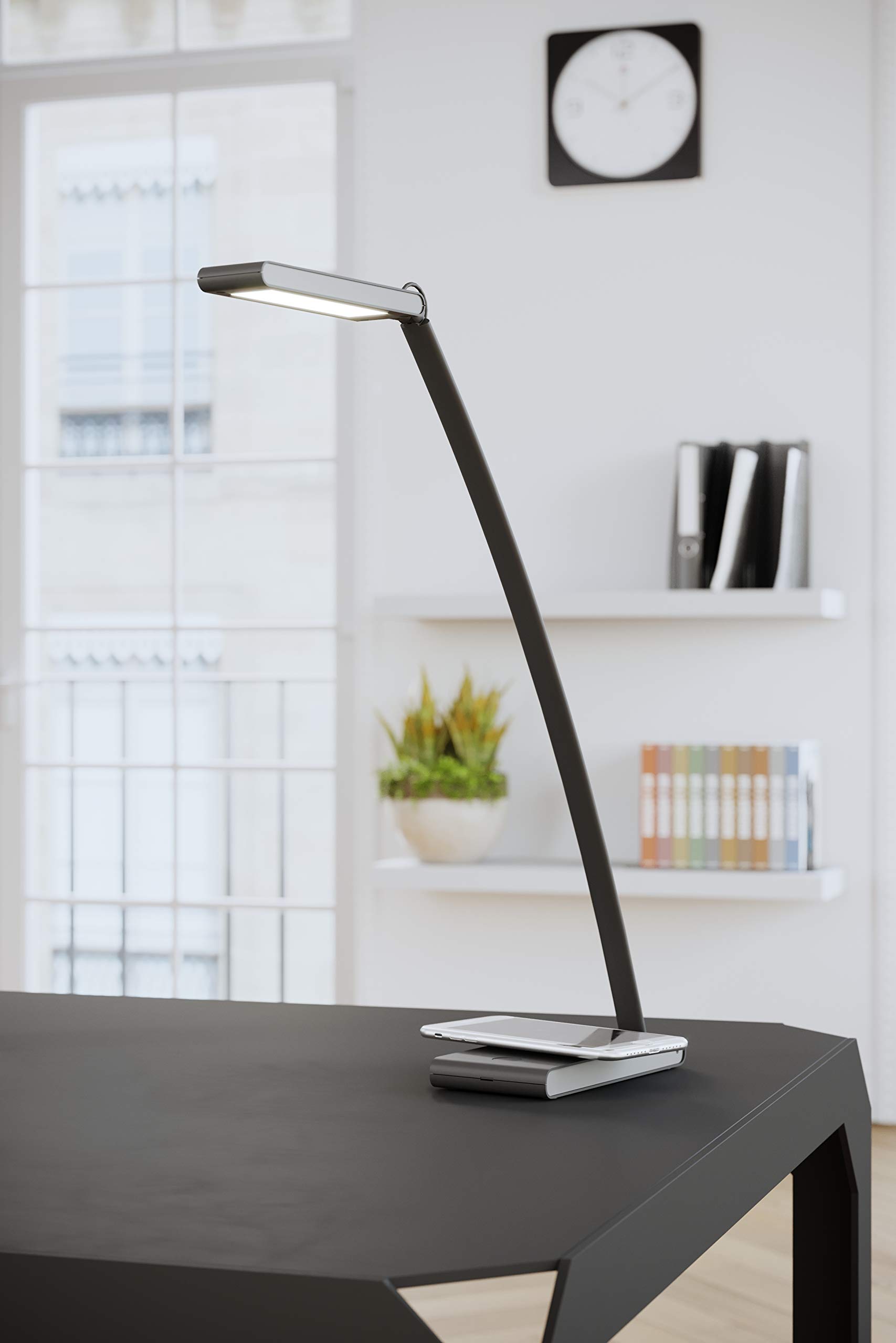 Alba- LEDTOUCH - Lampe LED Orientable de Bureau - chargeur Qi intégré + Port USB - Tactile avec Variateur d'Intensité Luminosité Ajustable - Noir - Design français