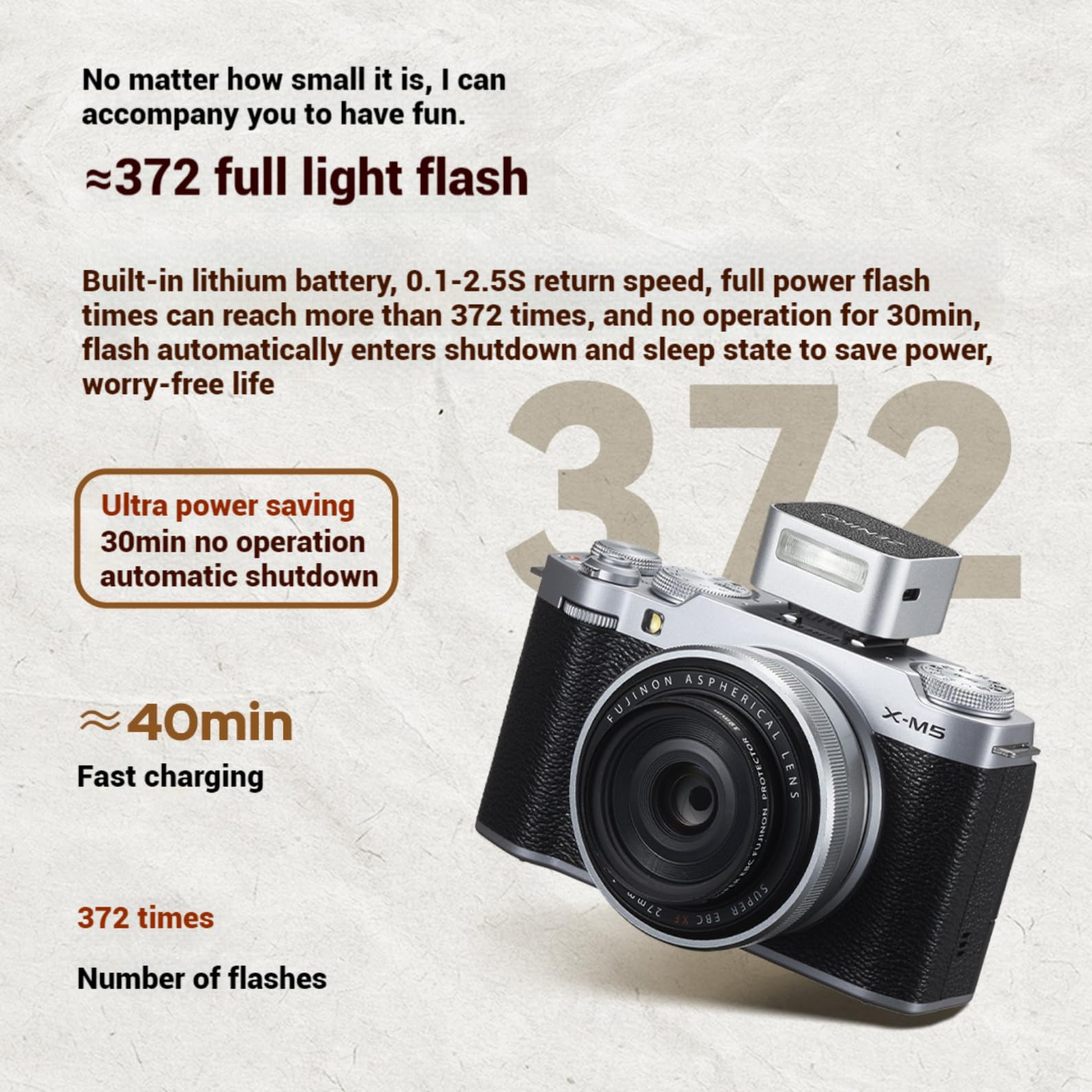 ZΕΝΙΚΟ ZF04 On-Camera-Blitz, Fotoblitz mit 2 Leistungsstufen, Typ-C-Aufladung, universelle Blitzschuhhalterung, 372 Blitze mit voller Leistung für Kameras