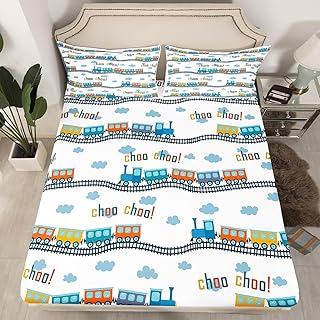 Colorful Train Bedding Set Twin Size Cartoon Car Fitted Sheet 2Pcs Blue Train Tracks Cloud Bed Sheet for Kids Boys Girls Teens Room Decor Transportation Vehicles Deep Packet Sheet,1 Pillowcase