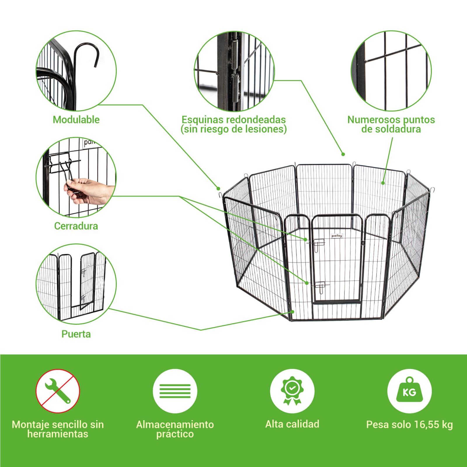 Parque para Perro, Cachorro y Conejo GARDEO80x100x8, 8 Paneles 80x100 cm, 2,56 m², Modular, Interior y Exterior, Plegable, garantía 5 años