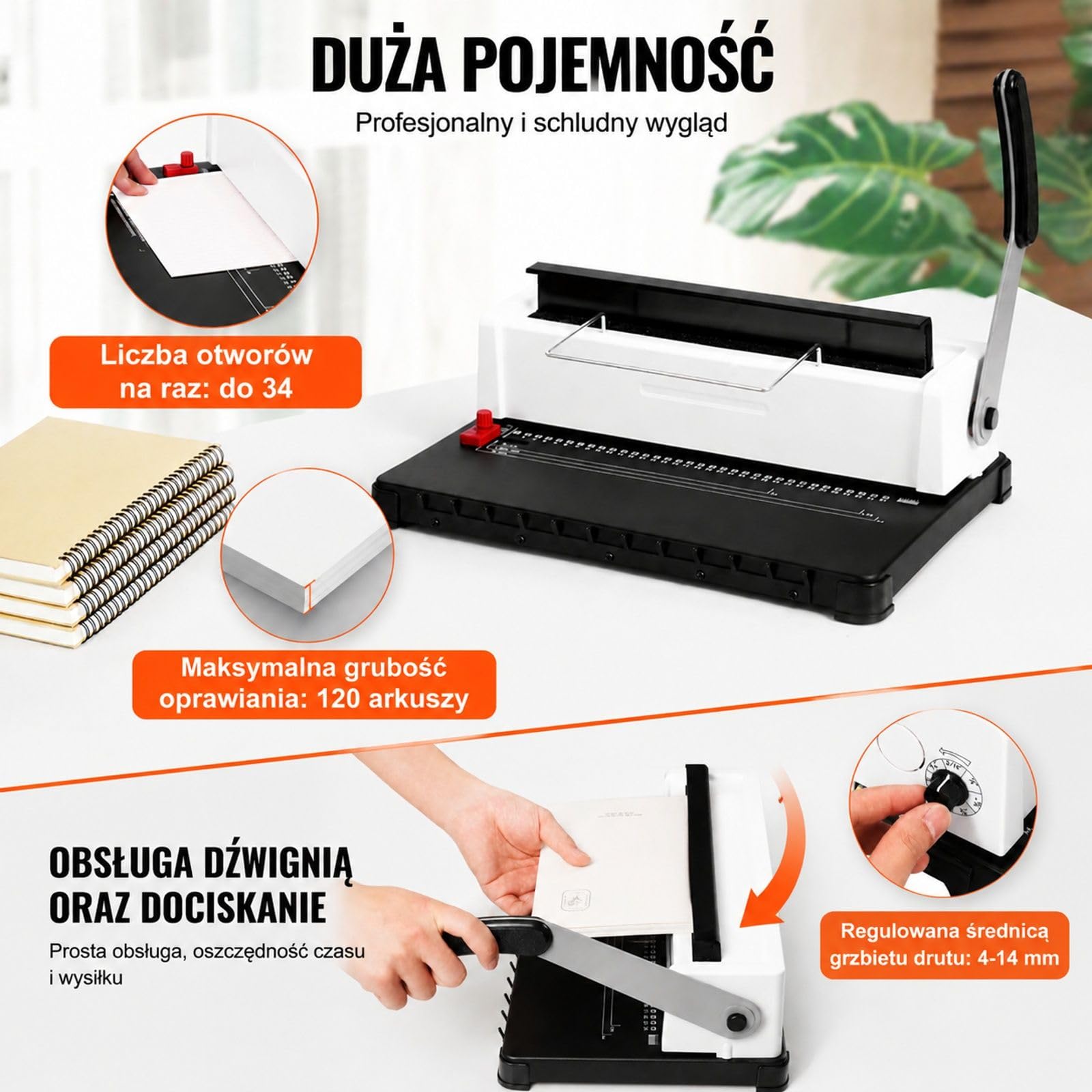 Ręczna bindownica spiralna, dziurkacz 34-otworowy, pojemność 120 arkuszy, regulowany margines boczny, ze 100 grzbietami, do biura