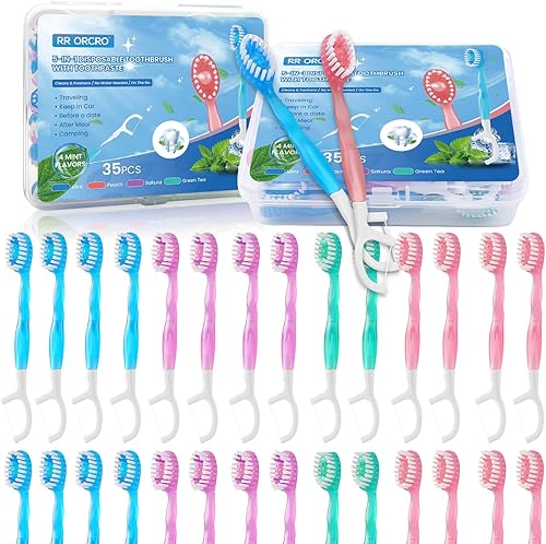 Paquete de 70 mini cepillos de dientes desechables 5 en 1 cepillo de dientes portátil prepegado de viaje con pasta de dientes, raspador de lengua,