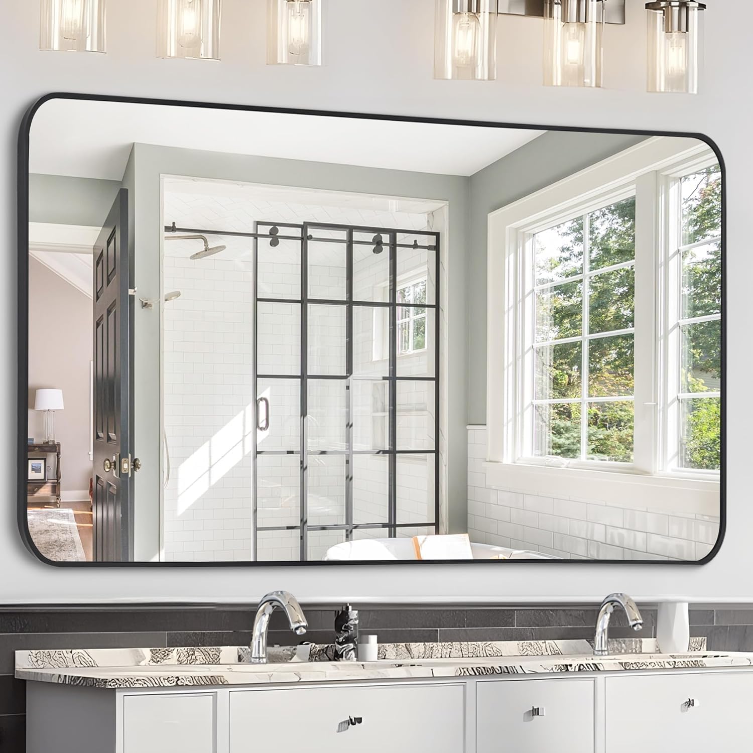 FORBATH Bathroom Mirror 30" X 60"?Large Rectangular Wall Mirror, Black Metal Framed Rounded Corner Wall Mounted Mirror for Bathroom Bedroom Entryway Decor(Horizontal/Vertical)