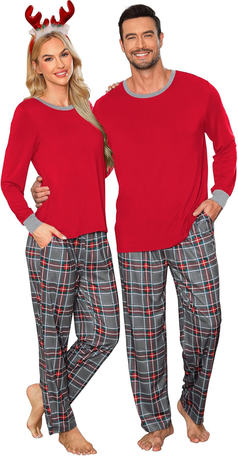 LecGee Matching Christmas Pajamas for Couples Long Sleeve Family Sleepwear Women Men Buffalo Plaid Pjs Pant with Pockets