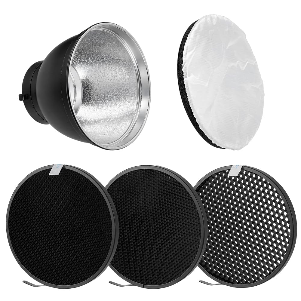 AHANDMAKER Difusor reflector estándar de 18 cm, con rejilla de panal de 20/40/60 grados, paño suave blanco para estudio fotografía flash