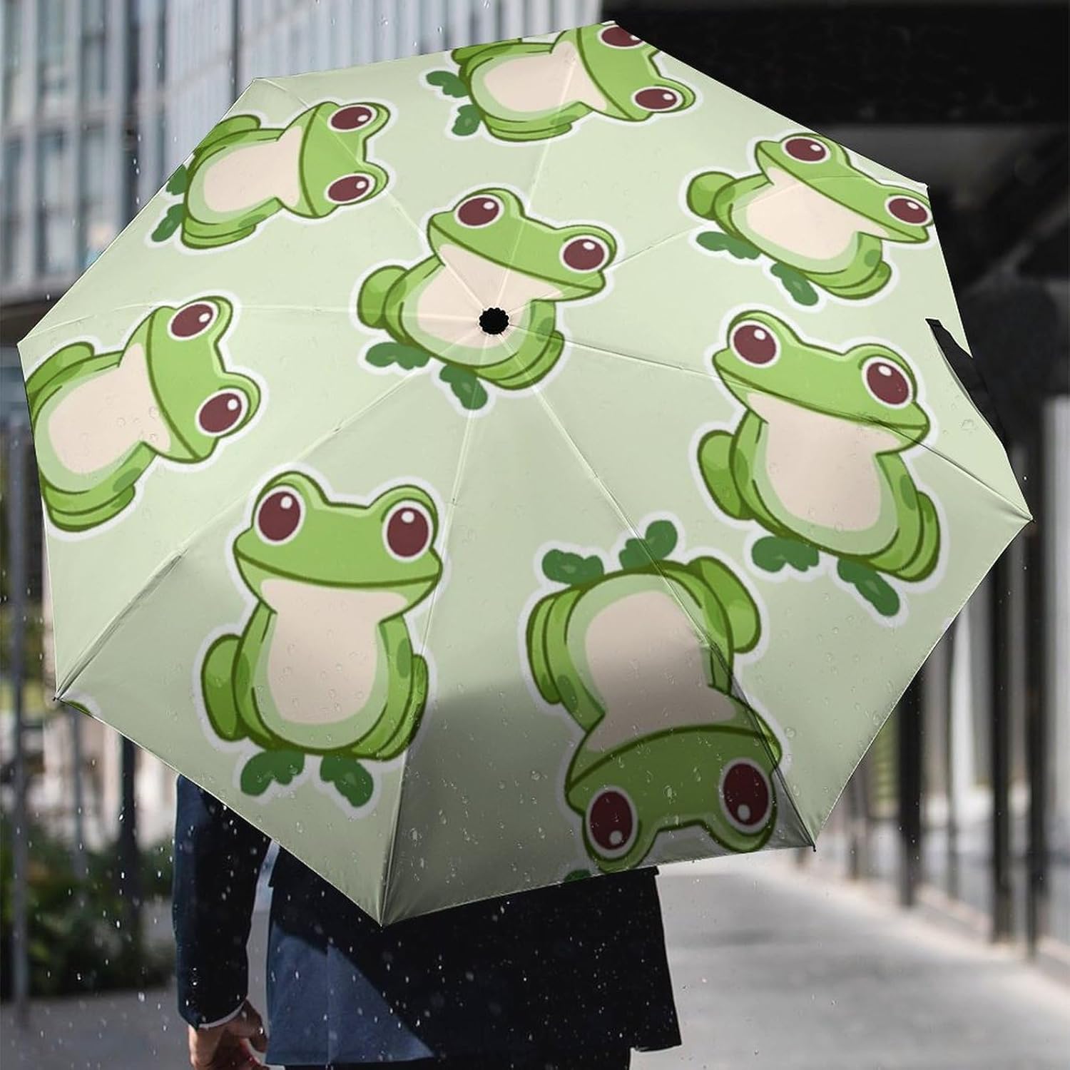 Cute Frog Travel Umbrella Windproof Compact Folding Umbrellas Automatic Open/Close Sun Rain Umbrellas Green Collapsible Auto Portable Umbrella for Women Girls Kids