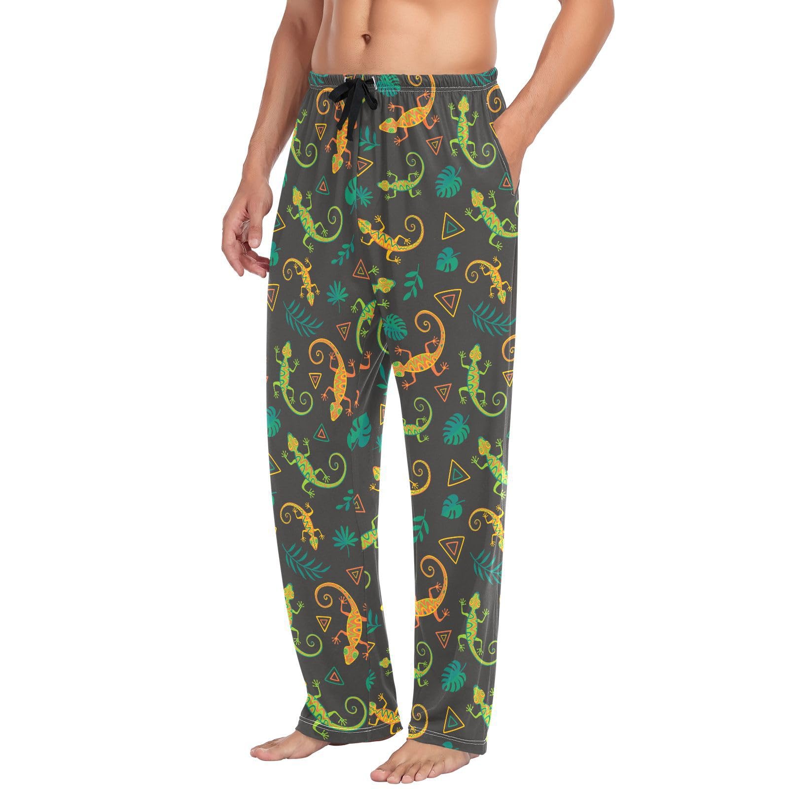 Herren-Pyjamahose für Herren, Motiv: tropische Eidechsen, Lachsen, Schlafhose, Lounge-Nachtwäsche mit Taschen, Kordelzug, lang, 100 % Baumwolle, Größe XL, mehrfarbig, XL
