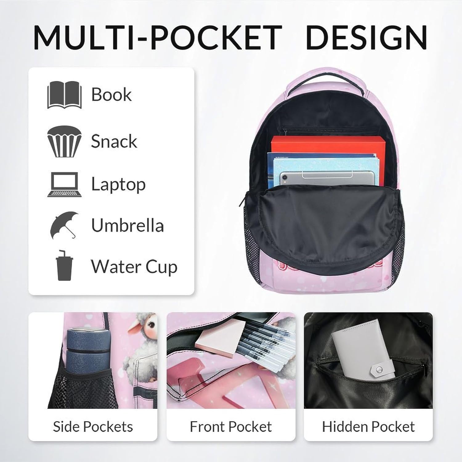 Girls Bookbag for School, Personalized Backpacks with Name, Sheep Backpack for Kids Child, 17 Inch Cute Customized Initial Bookbags for Primary Middle College