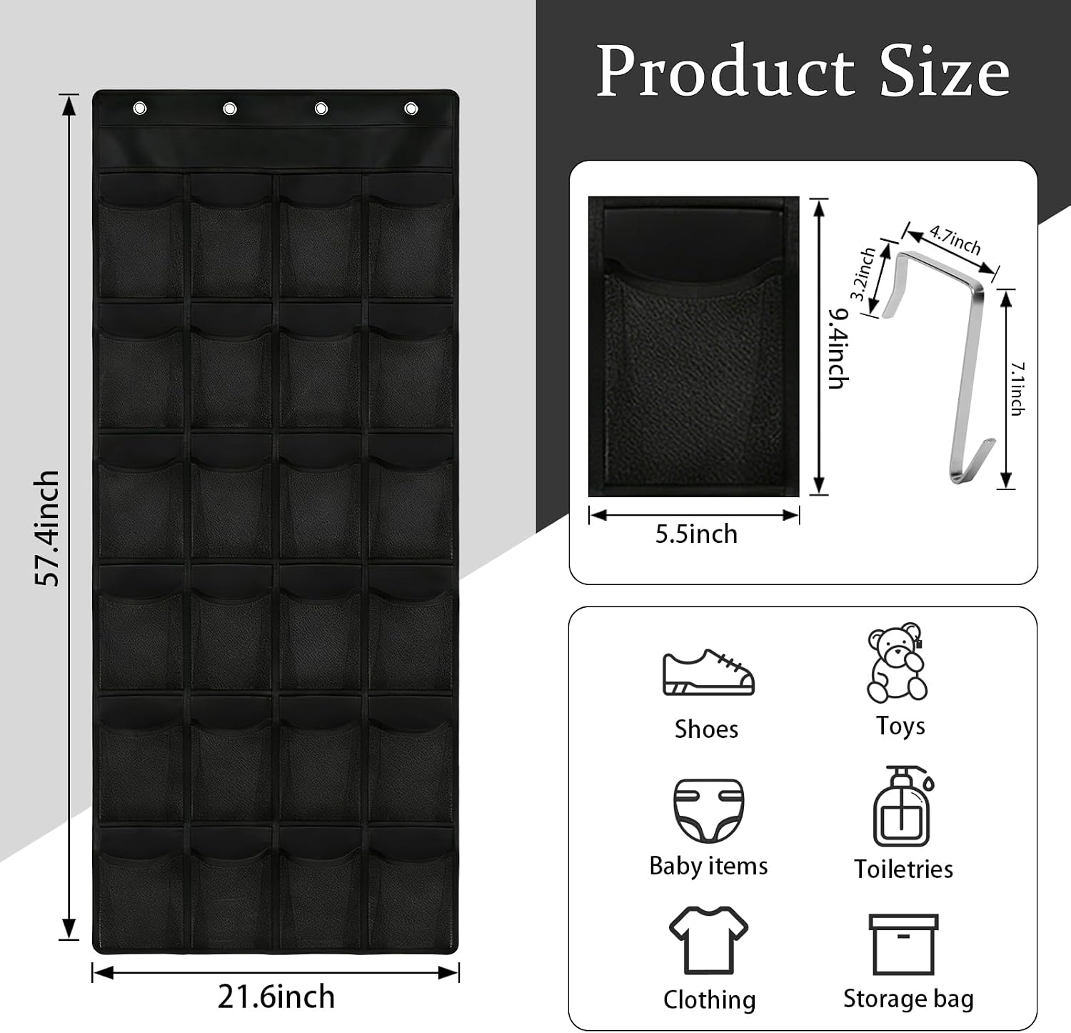 Over the Door Shoe Organizer, 24 Large Breathable Mesh Pockets, Space Saving Hanging Storage, Holds Up to 40 lbs, Hangs on Closets for Shoes, Accessories, Black