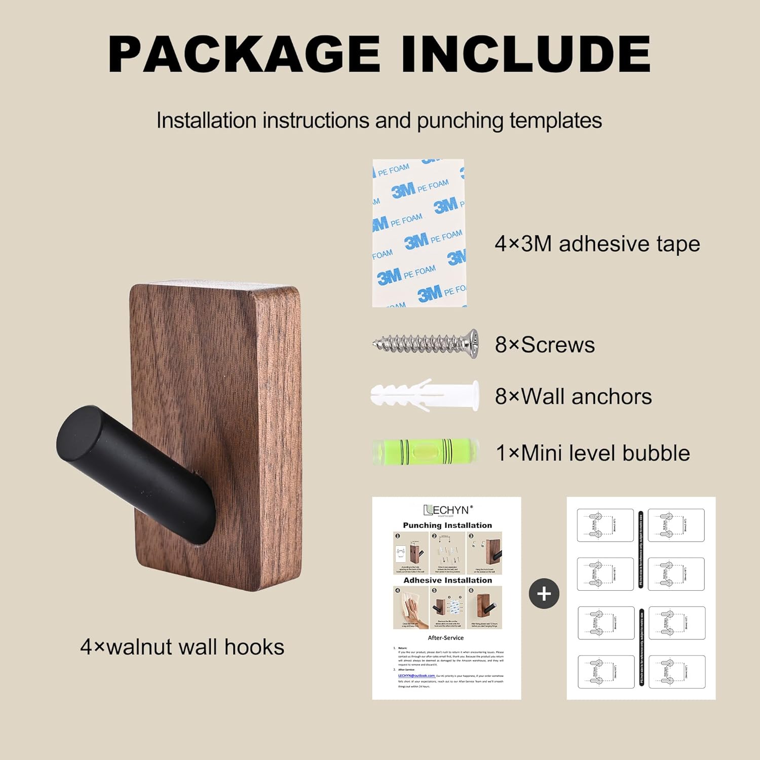 4 Pack Wooden Wall Hooks for Hanging, Adhesive Mounted & Wall Mount Boho Decorative Walnut Wood Coat Hooks for Towel Clothes Blanket Hat Backpack Robe Nursery Door Board Entryway Key Holder - Image 7