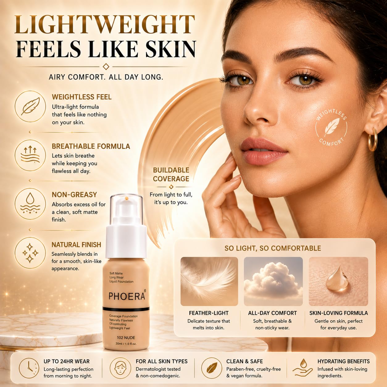 Glamza PHOERA Foundation 102 e 104,Fondotinta a copertura totale, copertura completa, 30 ml, 24 ore di controllo dell'olio opaco (Buff Beige #104) (Nudo #102) + pennello liquido fondotinta