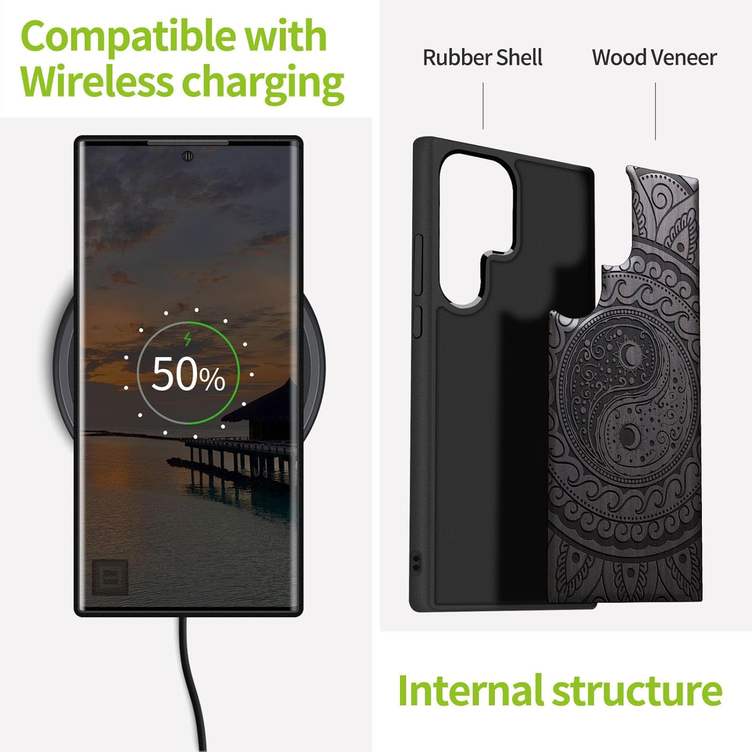 Carveit Wood Case for Galaxy S22 Ultra Case [Natural Wood & Black Soft TPU] Shockproof Protective Cover Unique & Classy Wooden Design Compatible with Samsung S22 Ultra (Yin Yang Paisley-Blackwood)