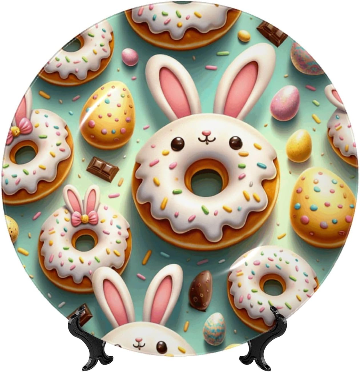Easter-Rabbit-Ears-Donuts 10 Inch Decorative Plate With Stand, Elegant Display Wall Plate For Home Decor