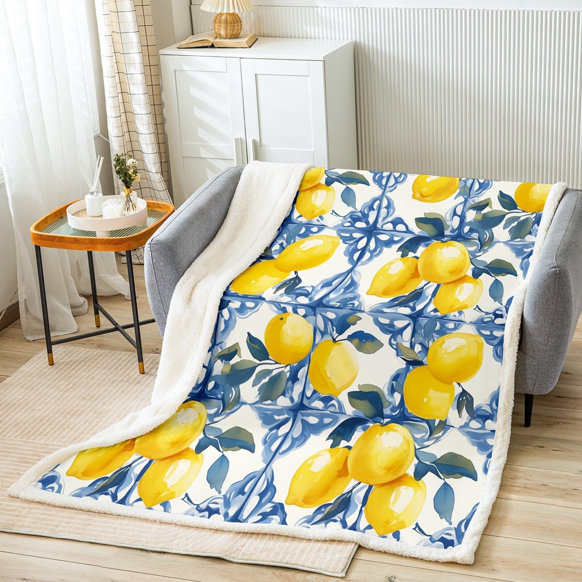 Homemissing Lemon Kids Fleece Throw Blanket Yellow Lemon Sherpa Blanket Fruit Plush Blanket for Bed Sofa Couch Blue Boho Fuzzy Blanket Room Decor Queen 90x90Inch