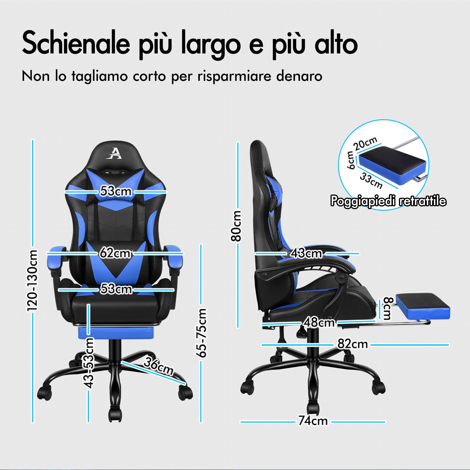 ALFORDSON Sedia Gaming con Massaggiante e Luci LED,Sedia Ergonomica Gamer per Scrivania,Poltrona Regolabile in Altezza con Supporto Lombare Poggiatesta,Schienale Regolabile 90-150°, Similpelle(Blu)