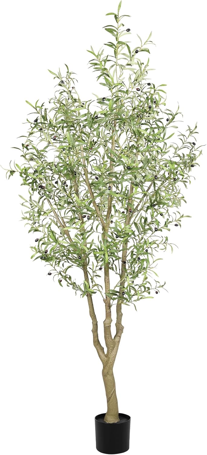 Artificial Olive Tree 7FT, Faux Olive Tree Indoor with Natural Wood Trunk & Dense Leaves, Tall Fake Olive Tree for Living Room, Office, Entryway Decor