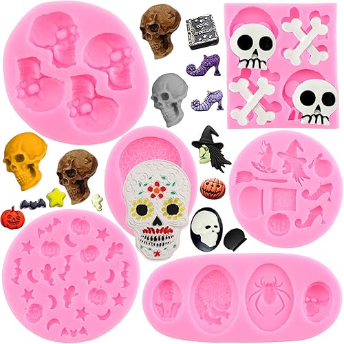 Zixiang Moldes de silicona para cupcakes de Halloween, diseño de calavera de murciélago, araña, fantasma, bruja para decoración de pasteles de