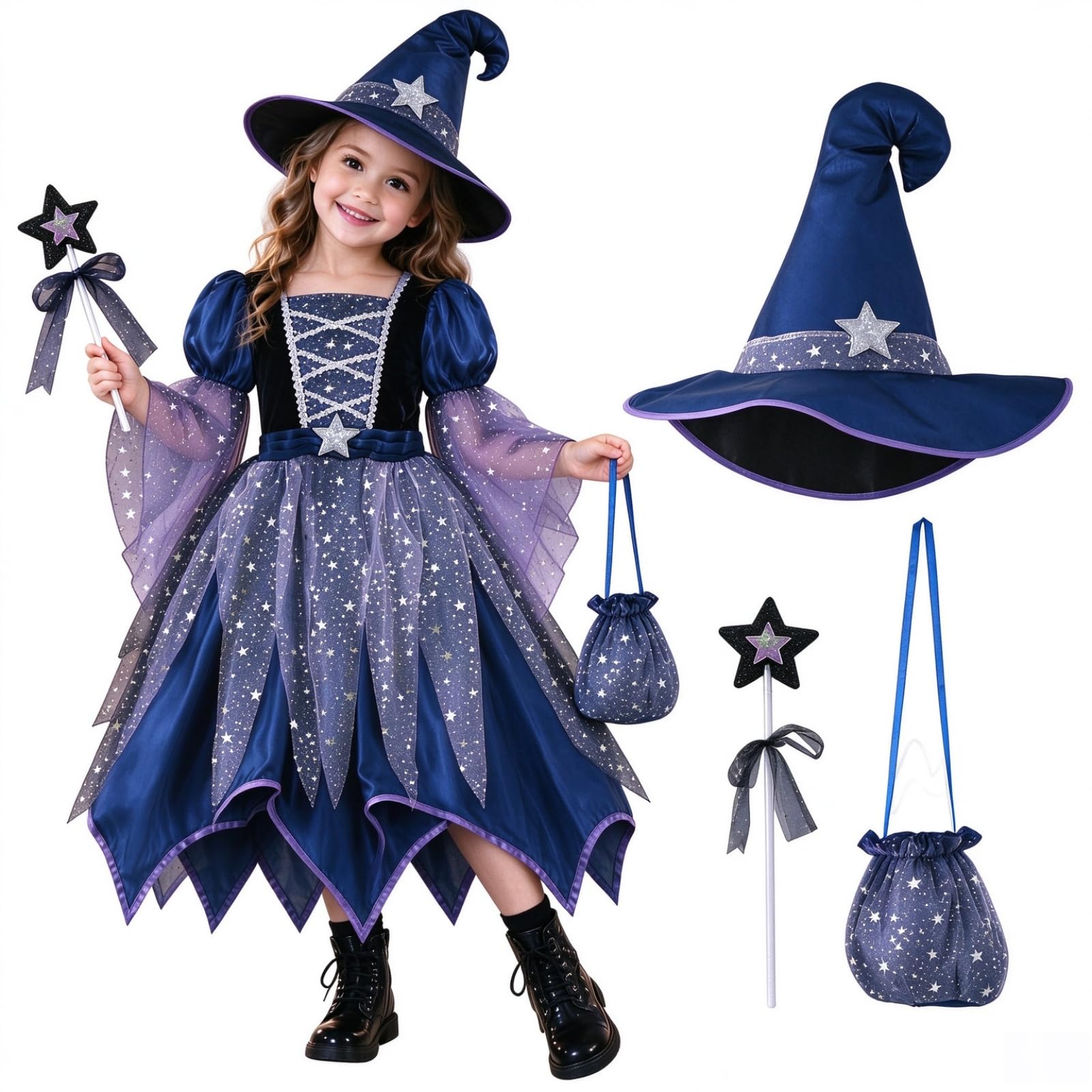 Halloween Witch Dress Girls 4 Pieces Sparkly Dresses with Hat Magic Wand and Candy Bag Cute Fancy Dresses Kids Halloween Themed Party Wear Outfit for Dress Up Party Role Playing