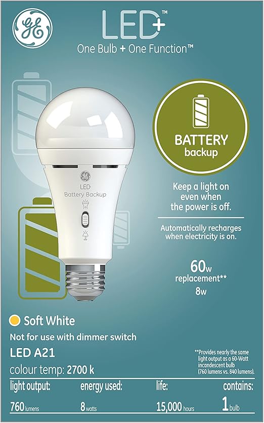 GE Lighting LED+ Backup Battery Light Bulb, Emergency Light Bulb