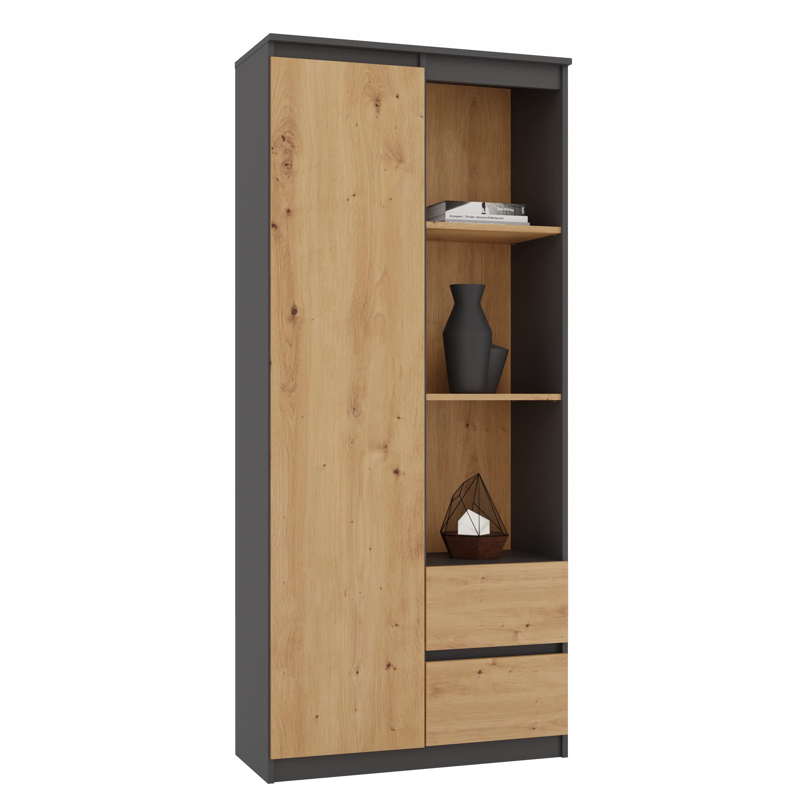 CDF Regal Bücherregal 80 cm modern mit 7 offenen Fächern Zwei Schubladen teils geschlossenen Bereichen stabile 16-mm Konstruktion für Wohnzimmer Büro Arbeitszimmer - Anthrazit/Eiche Artisan