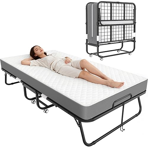 Greenvelly Folding Bed,75" x 31" Rollaway Foldable Bed with Mattress for Adults,Portable Bed with Metal Frame for Home Office,School,Guest,Cot Size(5-Inch Mattress)