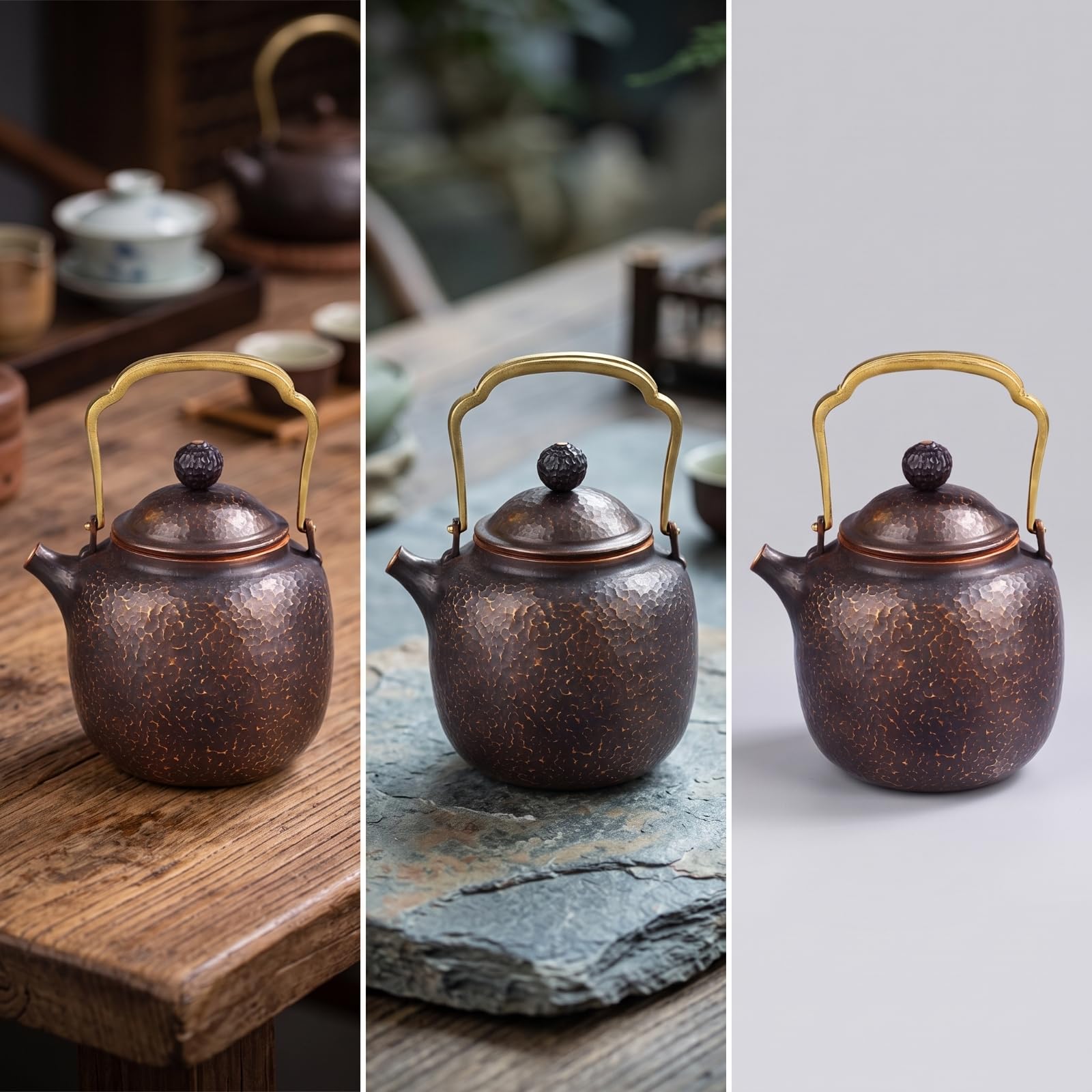 Teiera in Rame Martellato Bollitore di Rame Non Rivestito Teiera con Coperchio per Collezionisti, Cucina, Stile Giapponese, Design Con Motivo A Zucca, Artigianato In Rame Puro