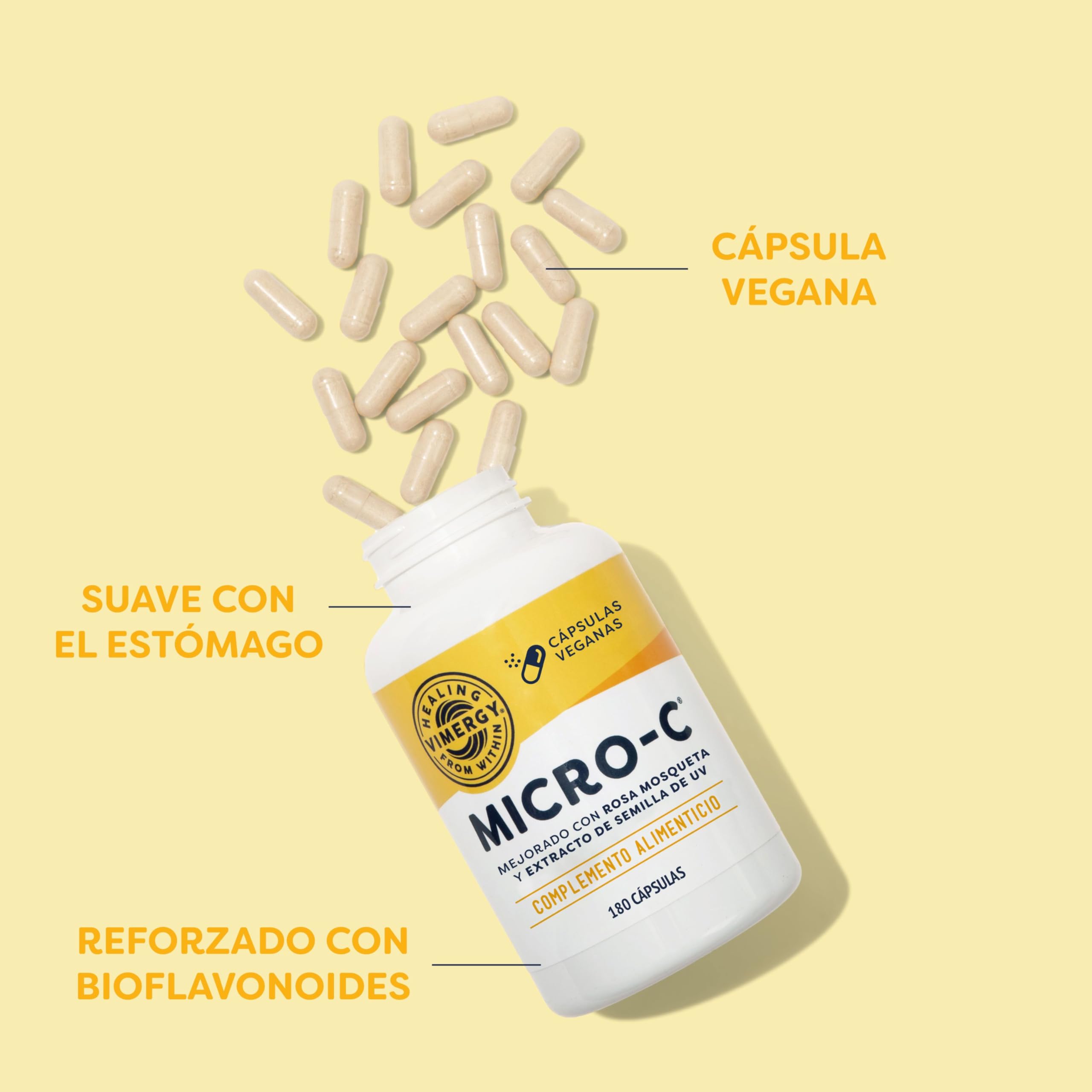 Vimergy Micro-C Vitamina C Cápsulas – 180 Unidades – Vitamina C 500mg en Forma Menos Ácida – Escaramujo - Sin Gluten - Kosher - Vegano