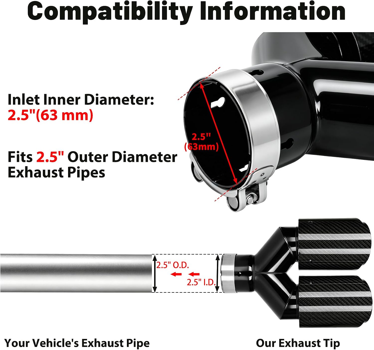Carbon Fiber Exhaust Tips 2.5" Inlet Dual 3.5" Outlets Glossy Black 1-Pack
