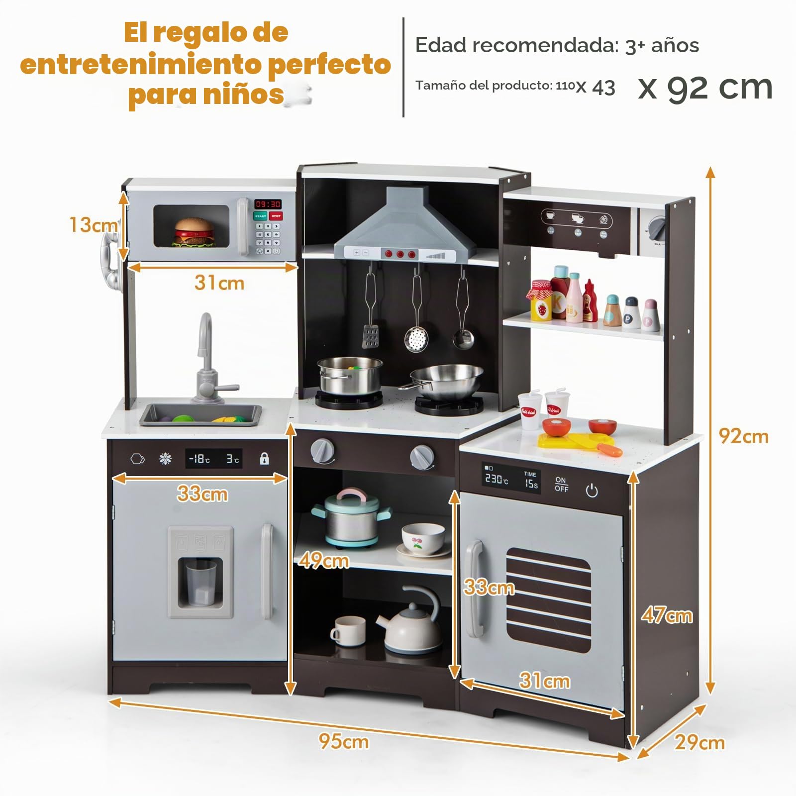 HOMASIS Juego de Cocina para niños, Cocina Infantil con Sonidos y Luces simuladas, teléfono, microondas, cafetera, heladera y Horno, Cocina de Juguete para niños de 3+ años, 110x43x92cm (Marrón)