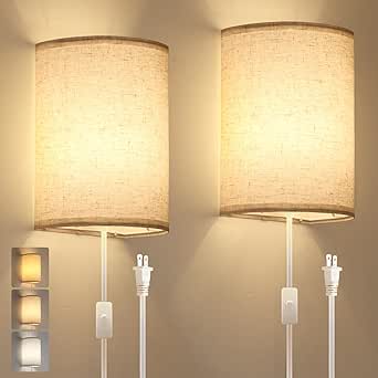 Set of Two Plug-in Wall Sconces with 3 Color Modes - Industrial Rustic Design for Home & Bedroom