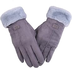 F Flammi Women's Winter Suede Gloves with Fur Cuffs - Soft, Warm, Touchscreen, Fleece Lined