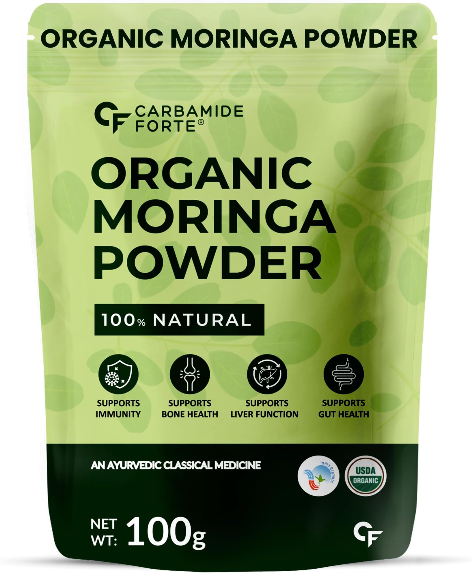 Carbamide Forte 100% Organic Moringa Powder - Moringa Oleifera - USDA Certified | Moringa Leaves Powder | Moringa Powder Organic for Immunity, Digestion & Energy | Drumstick Leaves Powder - 100g