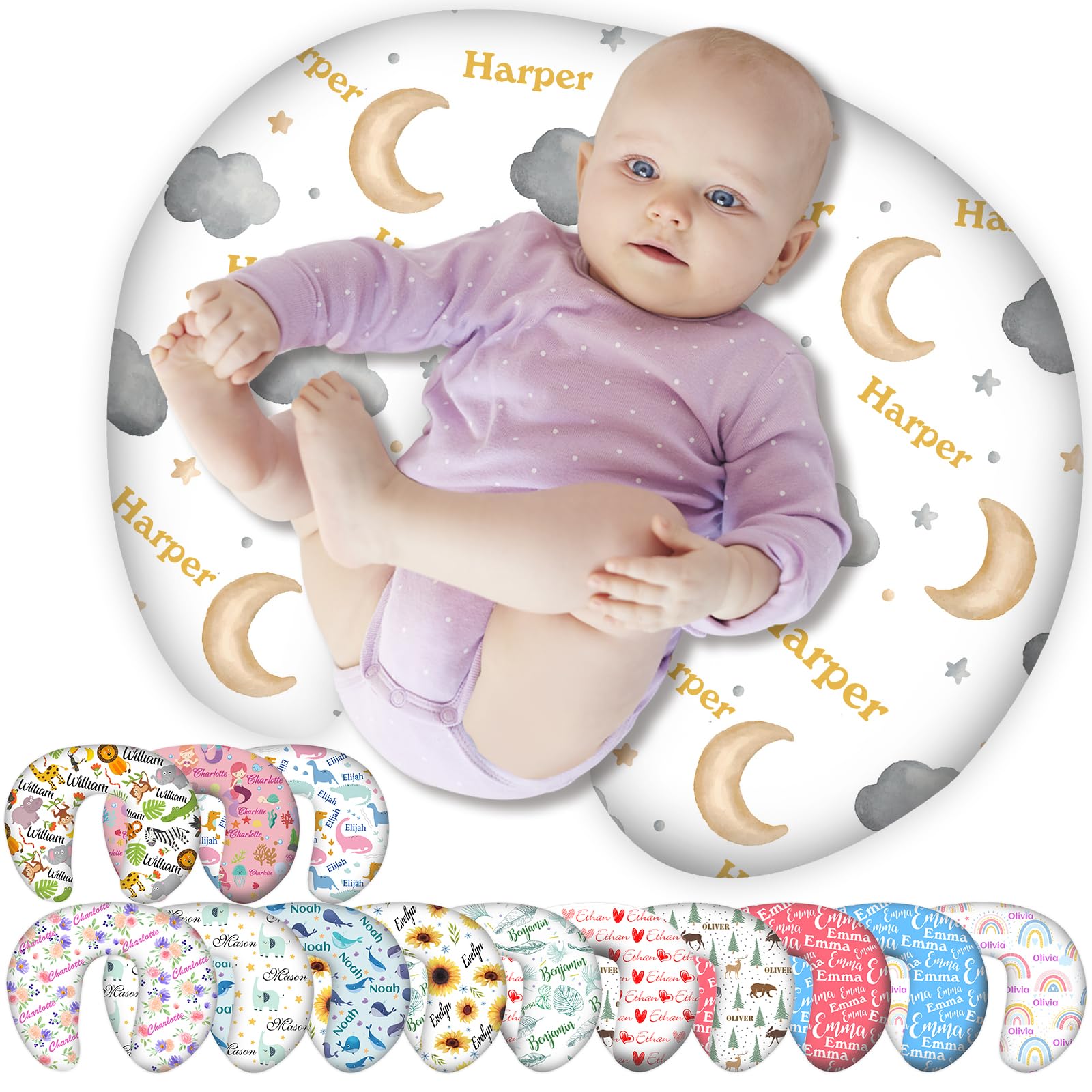 Personalised Nursing Pillow Cover Custom Baby Pillow Case with Name for Girl Boy Newborn Breastfeeding Pillow Cloud Moon
