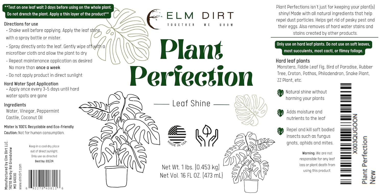 Elm Dirt Plant Perfection Spray for All Plants - Leaf Shine for Indoor Plants & Outdoor Plant Food | Natural Plant Spray for Cleaning Off Dust & Spots, Plant Leaf Cleaner 16oz