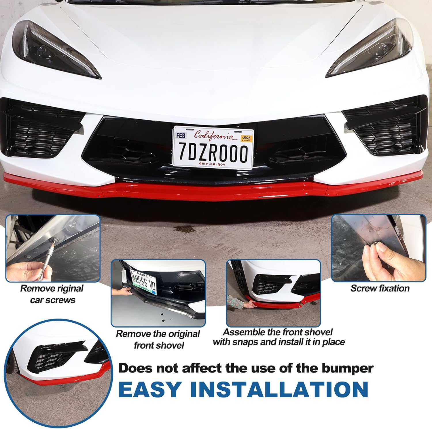 Replacement Front Bumper Lower Lip Splitter Compatible with Chevrolet Corvette C8 GM Z51 2020-2024 ABS Plastic 3PCS Front Bumper Air Intake Lower Lip Protection Trim Spoiler (Sports Red)