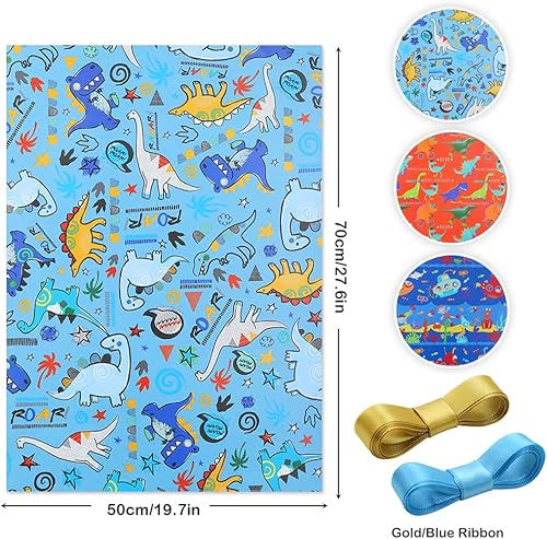 Miniatura 3 de Papel de regalo de cumpleaños de dinosaurio, 6 hojas de dibujos animados de animales, dinosaurios, papel de regalo plegado con cintas para niños,