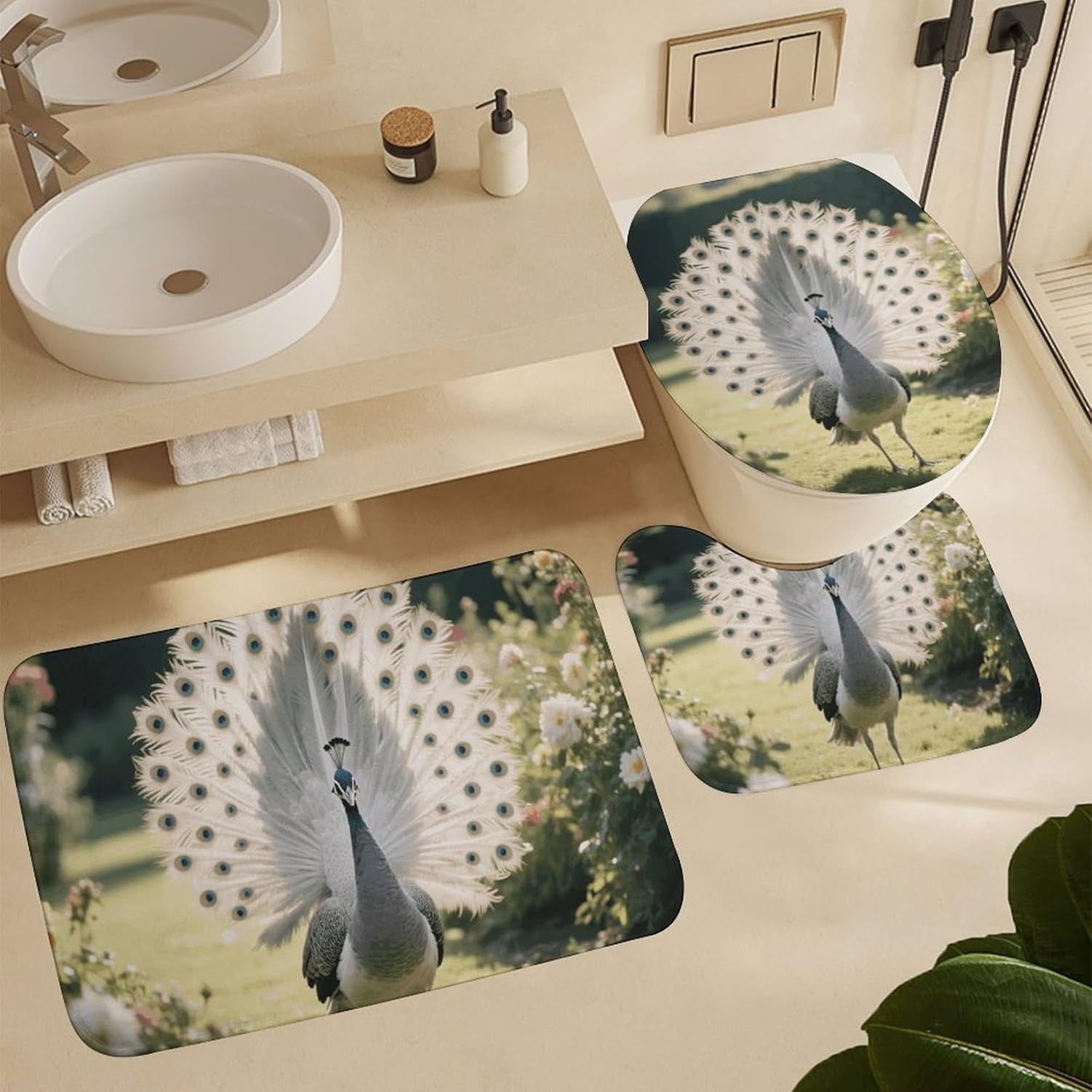 Gray and White Peacock Shower Curtain Set 4 Piece, Non-Slip Bath Mat with Toilet Lid Cover and Waterproof Shower Curtain with 12 Hooks, Complete Bathroom Set for Home Decor