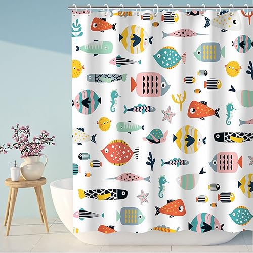 RosieLily Cortina de ducha con diseño de peces, cortina de ducha de dibujos animados, juego de cortina de ducha náutica con 12 ganchos, decoración